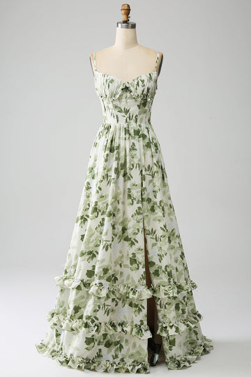Verde A-Line Spaghetti Straps stampato plissettato abito lungo prom con fessura